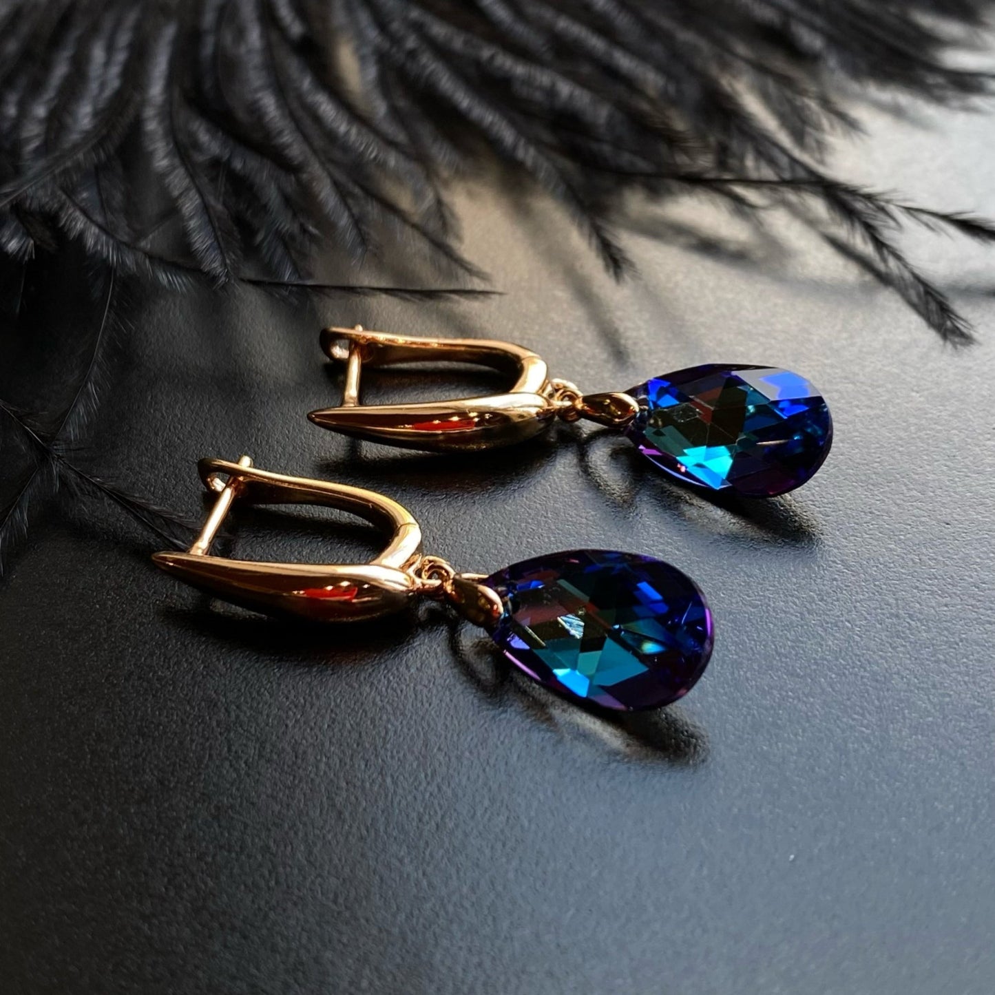 Amelia - 18k Gold - Plated Drop Earrings with Teardrop Crystal18k Gold - Plated EarringsBlue Crystal EarringsDrop Earrings