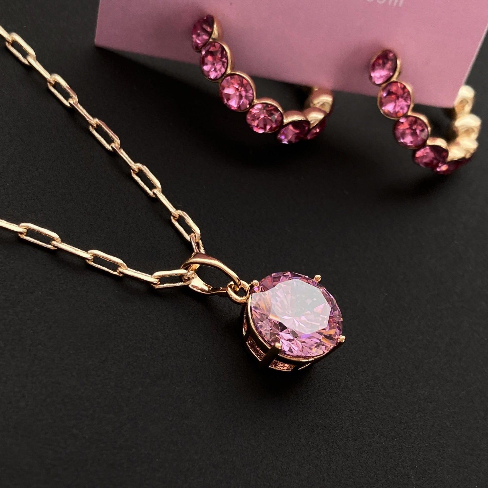 Apzeltīta kaklarota ar lielu rozā kristālu - 18k - apzeltita - rotas