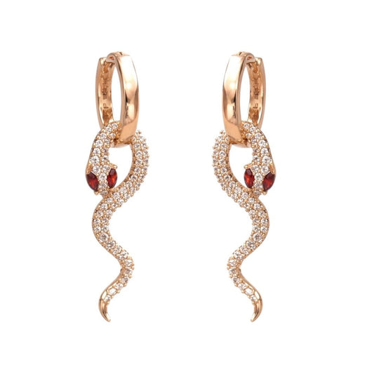 Apzeltīti auskari ar čūsku dizainu un sarkanām cirkoniju acīm - 18k - apzeltita - rotas