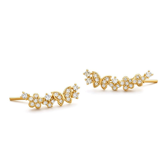 Apzeltīti auskari gar auss malu ar ziediem un tauriņiem - 18k - apzeltita - rotas