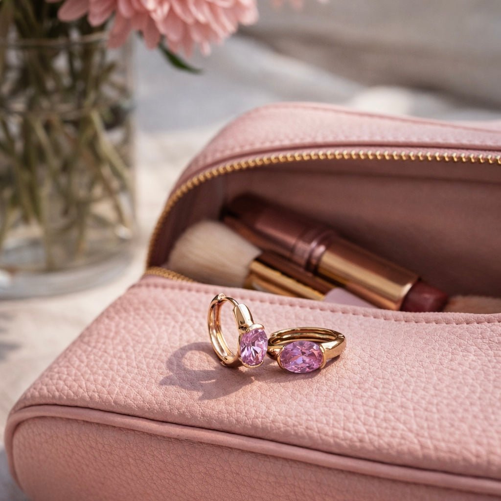 Apzeltīti riņķīši ar rozā kristālu - 18k - apzeltita - rotas