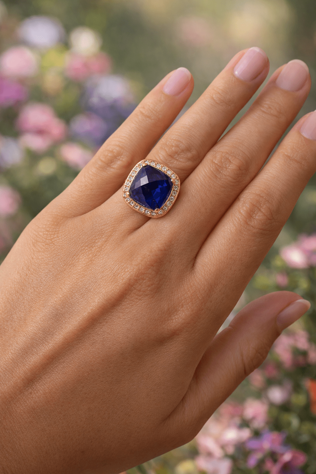 Apzeltīts gredzens ar lielu zilu kristālu - 18k - apzeltita - rotas