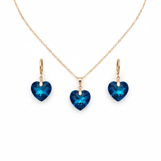 Apzeltīts komplekts ar zilām kristāla sirsniņām - kaklarota un auskari - 18k - apzeltita - rotas