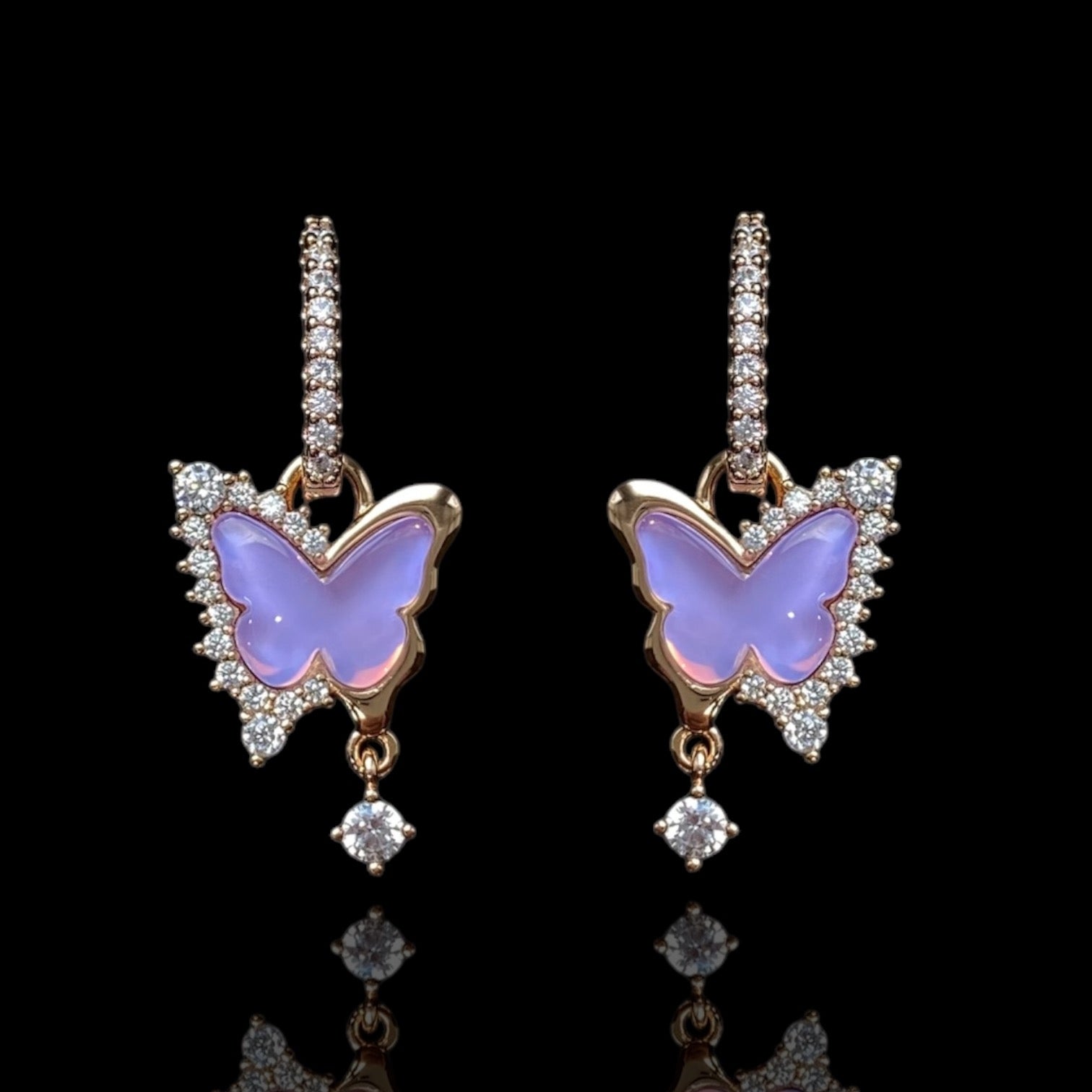 Butterfly Charm 18k Gold - Plated Zirconia Earrings with Dangle Accent