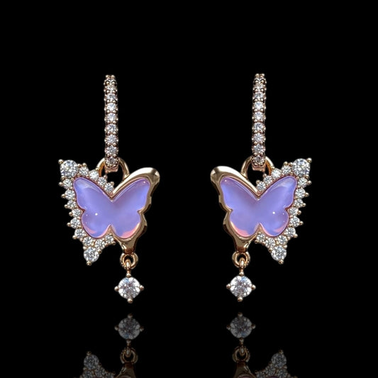 Butterfly Charm 18k Gold - Plated Zirconia Earrings with Dangle Accent