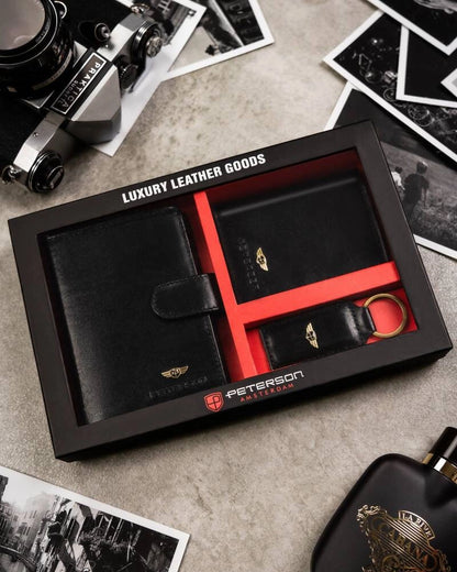 Gift Set: Black Men’s Leather Wallet, Card Holder, and Keychain