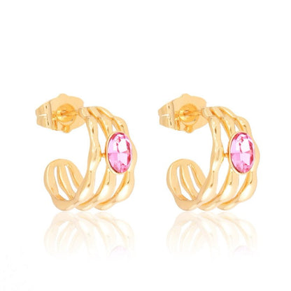 GOLD PLATED HOOP EARRINGS WITH PINK CRYSTAL -