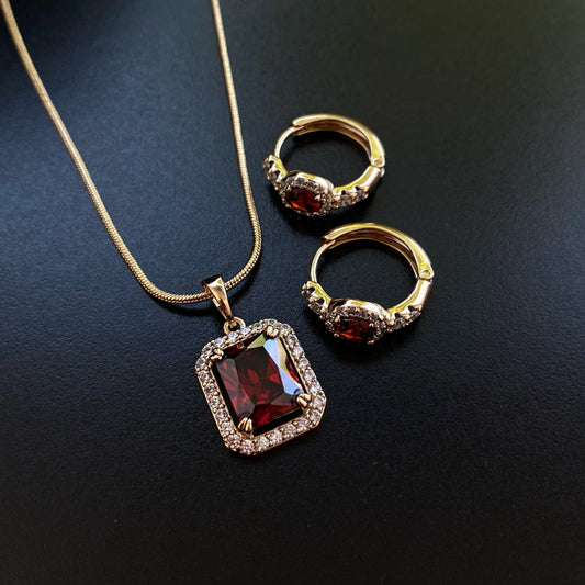 GOLD PLATED JEWELRY SET WITH RED ZIRCONS -