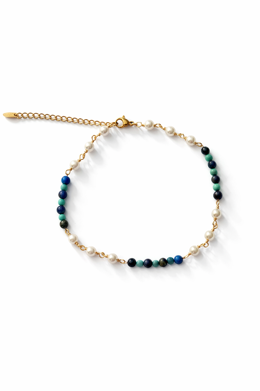 Kājas ķēdīte ar pērlītēm un krāsainiem akmentiņiem
