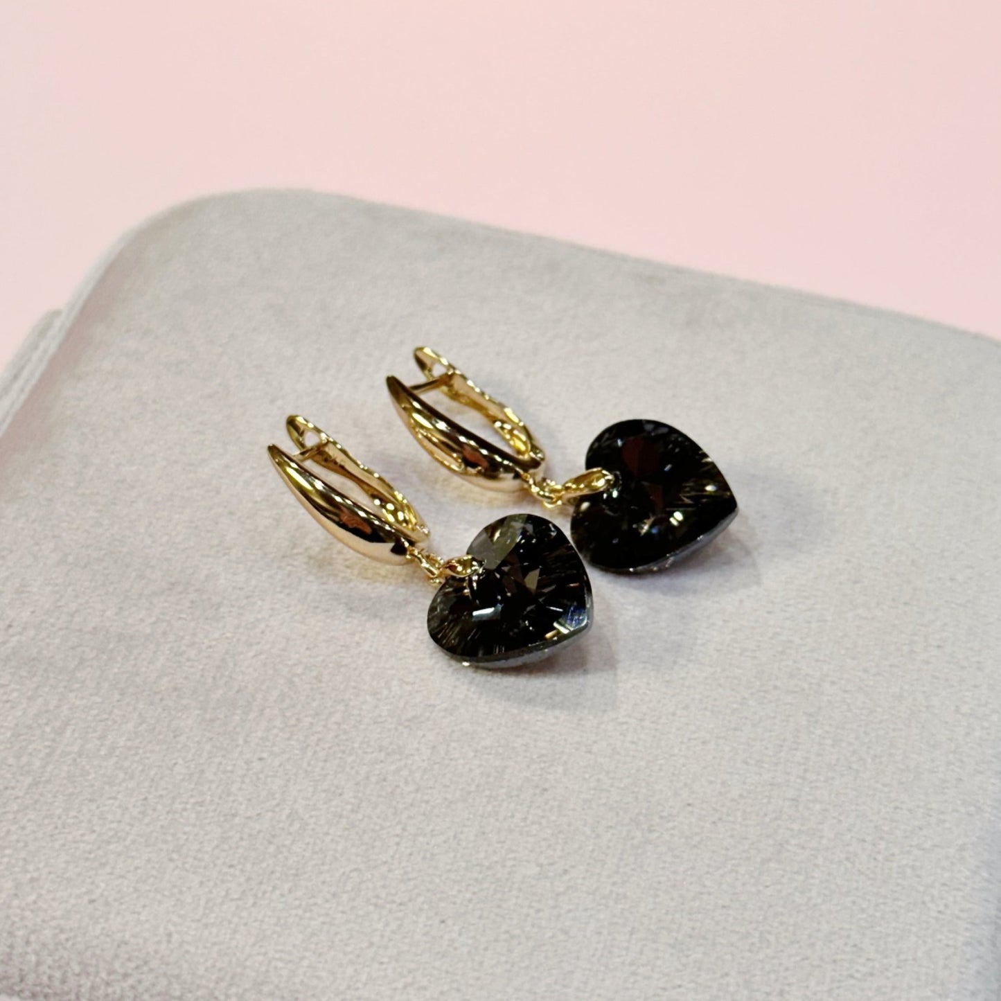 Mystic Noir - Gold plated Earrings with Black Crystal Heart 18k Gold Jewelry Black Crystal Earrings Bold Jewelry