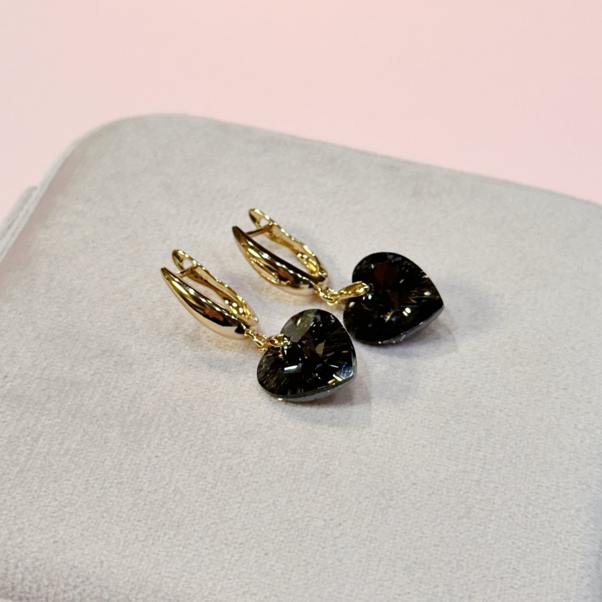 Mystic Noir - Gold plated Earrings with Black Crystal Heart 18k Gold Jewelry Black Crystal Earrings Bold Jewelry