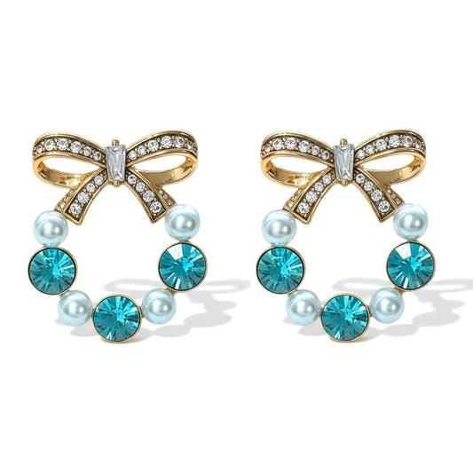 Nagliņu auskari ar bantīti un ziliem kristāliem - 18k - apzeltita - rotas